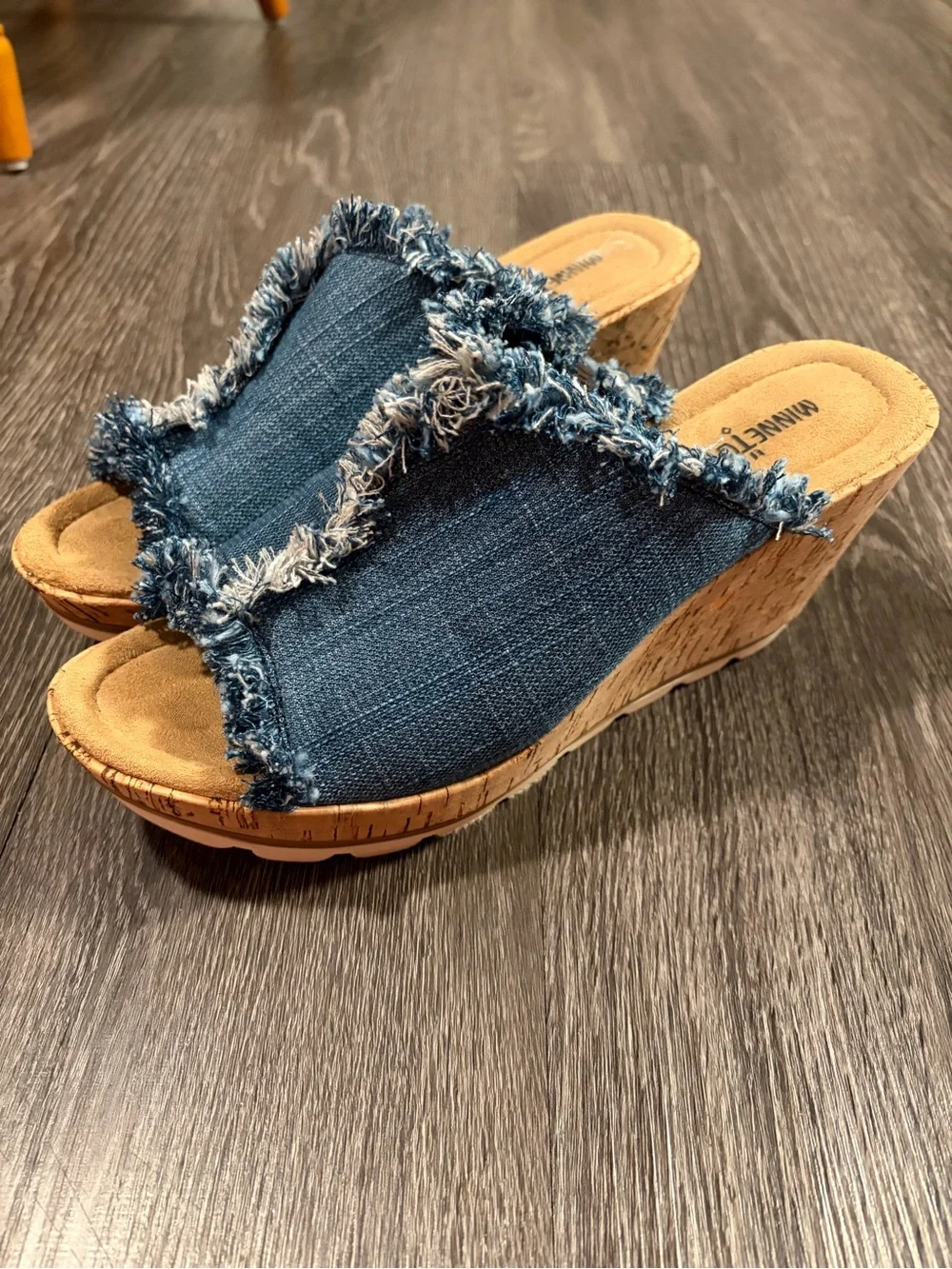 Minnetonka Blue Denim Frayed Cork Wedge Slides